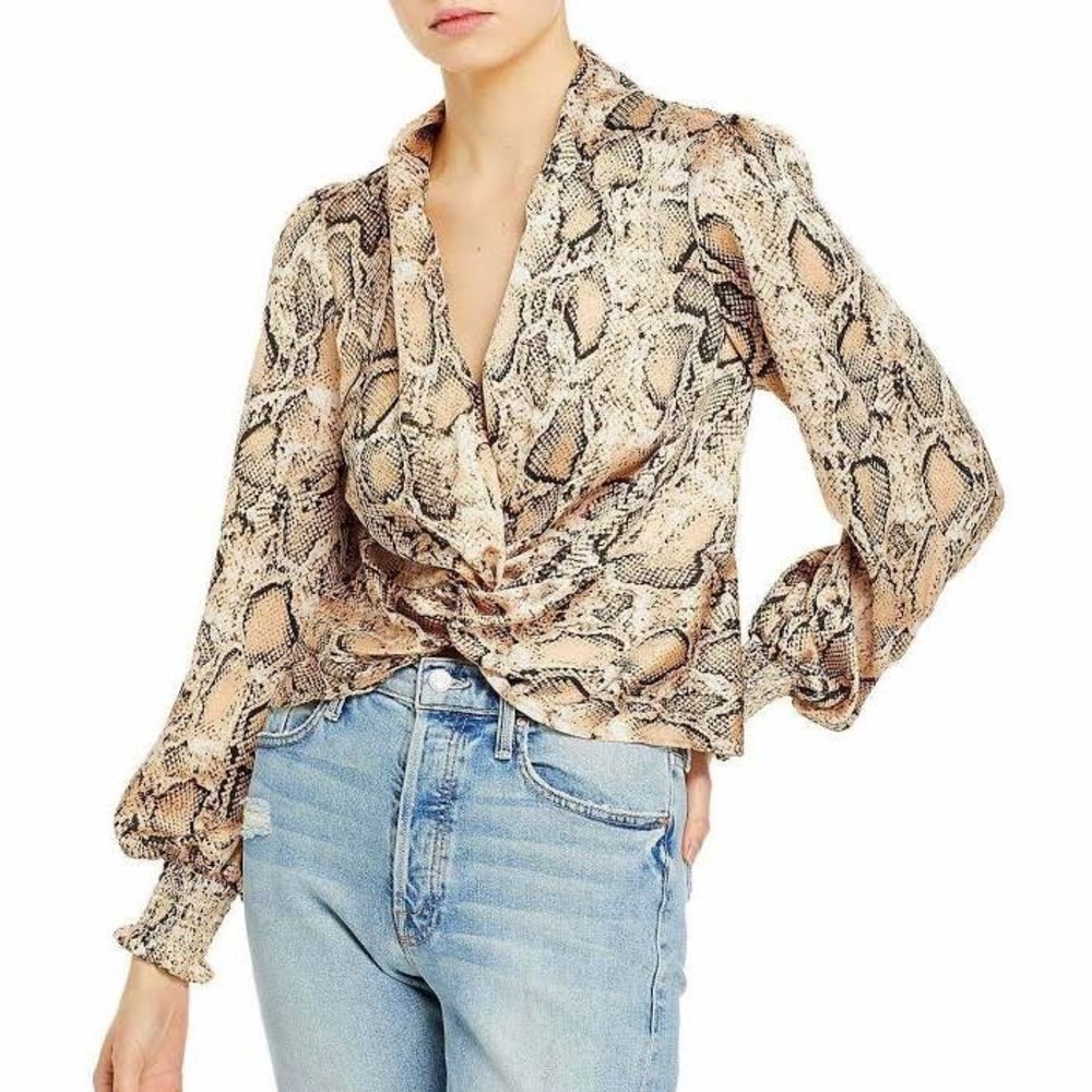 Bloomingdale’s AQUA Twist-Front Blouse Top Brown (XS) All-over Snake Print